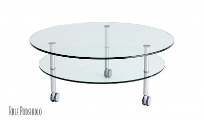 Glastische - rund auf drei Tischbeinen mit Rollen - Ablage D80cm